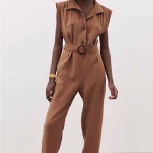 ZARA Brown Sleeveless belted Jumpsuit